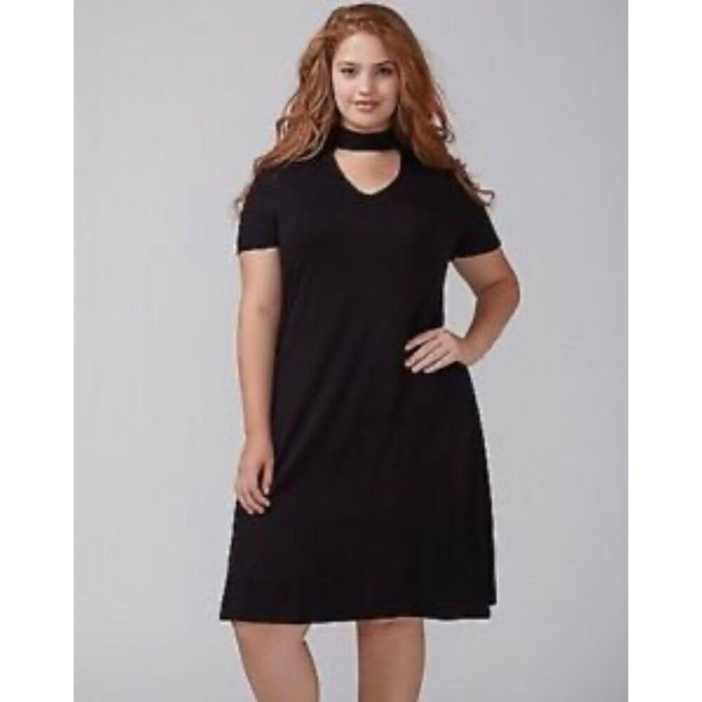Lane Bryant Women Black Short Sleeve Choker Cut-Out A-Line Shift Dress Size 14/1